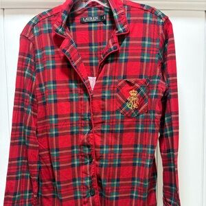 Lauren Ralph Lauren Women Embroidered Logo Plaid Cotton Blend PJ Top Red Small